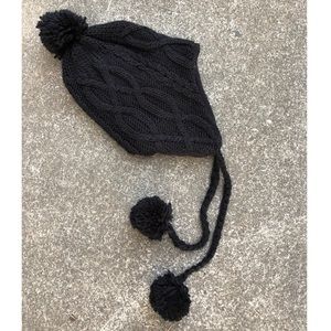 Knitted Black Hat With Earflaps and Pom Poms
